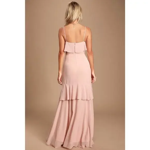 Lulus Blush Pink Maxi Dress Women’s Medium Ruffle V-Neck High Low Chiffon - Picture 3 of 11